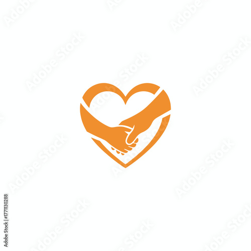 An illustration features an orange heart with two hands shaking inside. The background is white