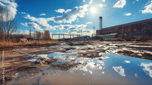 Reflection of clouds and industrial structures in a puddle at a deserted location during the day