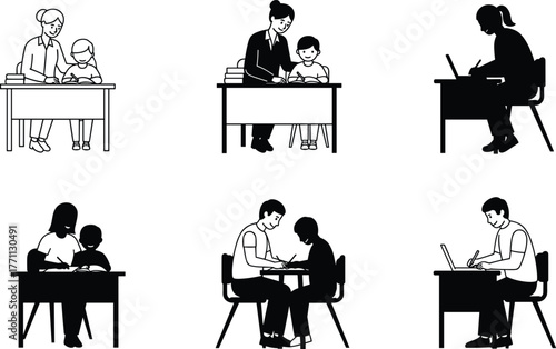 Silhouette adults helping children study at desks, tutoring, homework support, education scenes, black and white vector illustration for school concept