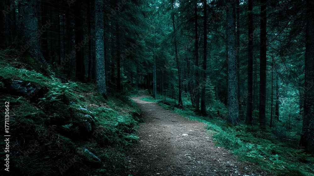 Obraz premium Dark Green Mysterious Forest Path, Gloomy Natural Landscape Background Material