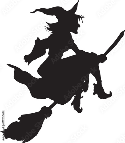 Silhouette of a witch on a broomstick on a white background.