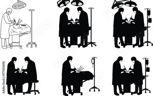 Silhouette surgeons performing operation in hospital with surgical lights, monitors, IV stand, teamwork, medical equipment, healthcare scene, black and white