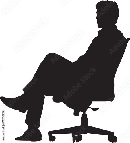 Vector silhouette of a man sitting on an office chair on white background.