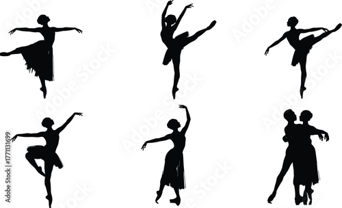 Ballet dancer silhouettes, elegant poses, classical 