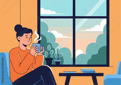 Woman relaxing in a chair by a window, holding a steaming mug, with books on a nearby table and a view of trees and sky.