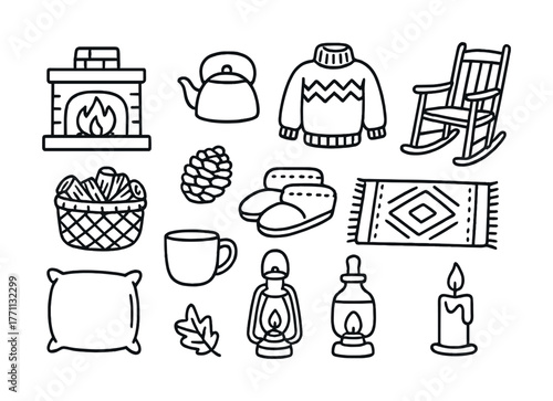 Cozy winter essentials: fireplace, sweater, rocking chair, and more home comfort icons