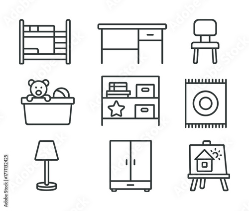 Outline illustrations of children's furniture and toys including bunk bed and teddy bear
