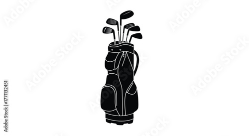 Black and white illustration of a golf bag with clubs inside