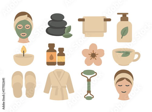 Spa essentials: face mask, aromatherapy, relaxation icons for wellness and self-care