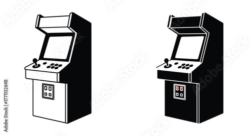 Simple black and white illustration of two retro arcade game machines