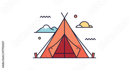 A stylized illustration of a vibrant orange teepee tent set against a minimalist landscape with mountains and clouds, embodying outdoor adventure and nature.
