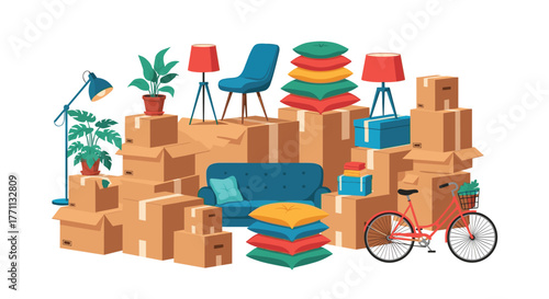 Household items like a couch, lamps, plants, and a bicycle are packed amidst cardboard boxes, depicting the process of moving or storage.