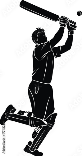 Silhouette of a cricket player swinging a bat at a ball