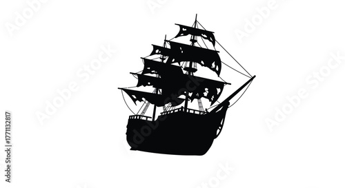 Silhouette of a historic sailing ship with full sails depicted in black