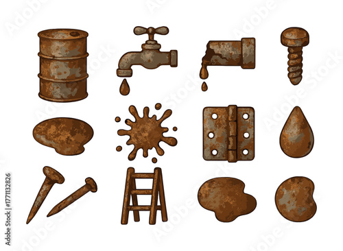 Rusty metal objects including barrel, tap, and ladder