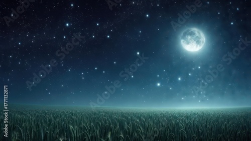 Night sky over grassy field with moon and stars