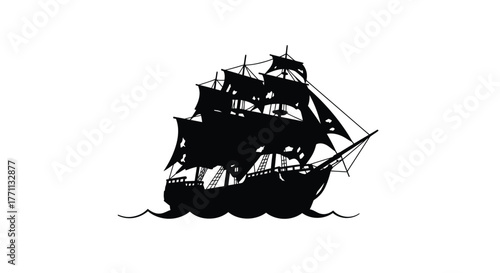 A striking silhouette of a tall sailing ship on wavy water