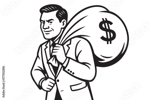 Vector illustration in black and white featuring a well groomed man in a suit carrying a money bag, symbolizing corruption, dishonesty, and power abuse in society.