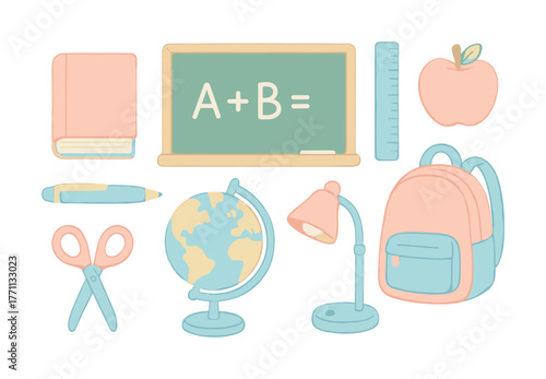 Pastel school supplies: chalkboard, backpack, globe, and more for creative learning