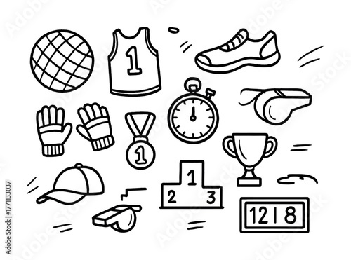Sports equipment icons: ball, jersey, sneakers, gloves, stopwatch, whistle, trophy
