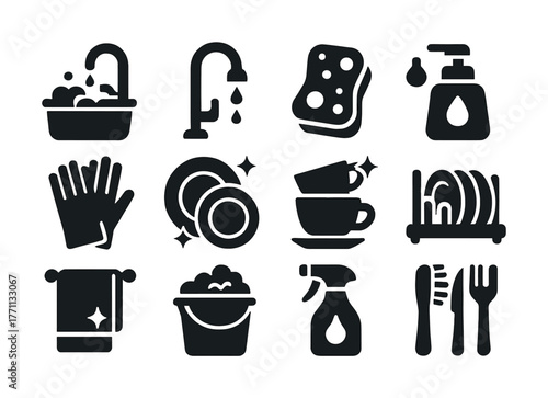 Cleaning icons: sink, soap, sponge, dishes, utensils, spray bottle, gloves, towels