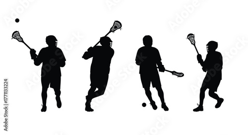 Lacrosse players in silhouette demonstrating different stages of the throwing motion
