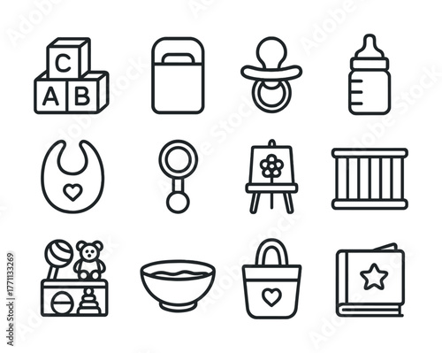 Baby essentials icons: toys, pacifier, bottle, bib, book, crib, rattle, bowl, bag