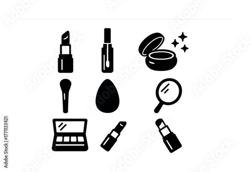 Set of essential makeup tools and cosmetics icons in black and white