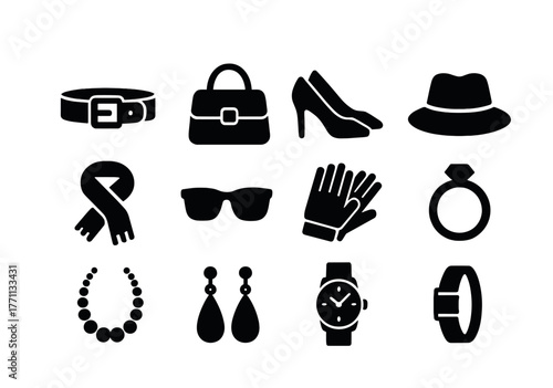Collection of fashion accessories including belt, handbag, shoes, hat, scarf, sunglasses, gloves, ring, necklace, earrings, watch, bracelet