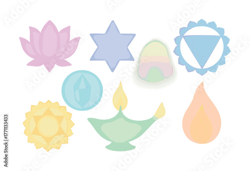 Set of seven chakra symbols with soft pastel colors