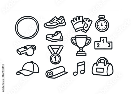 Sports equipment and fitness icons collection in black and white