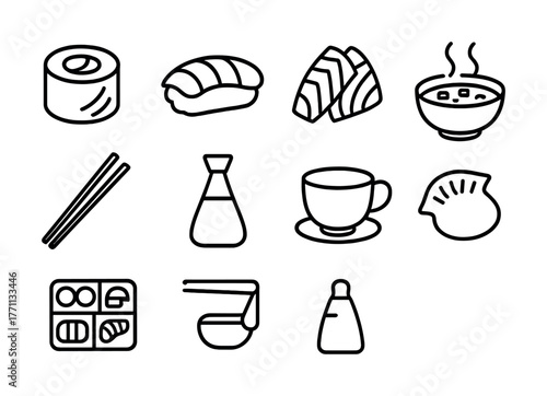 Japanese food icons: sushi, sashimi, miso soup, bento, and more