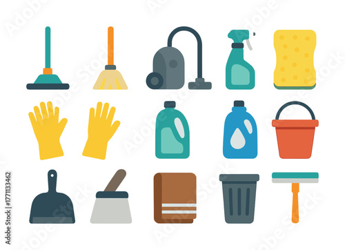 Colorful cleaning supplies variety: mop, broom, vacuums, spray bottles, sponges, gloves, buckets