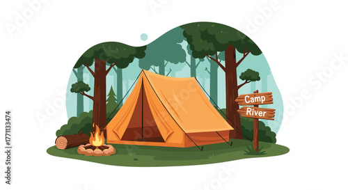 An inviting forest campsite scene with an orange tent, a glowing campfire, and a rustic wooden sign marking \.