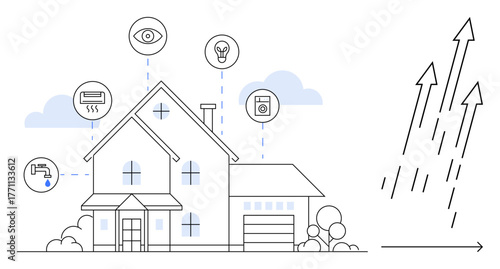 Modern house linked to smart devices for lighting, security, HVAC, and appliances. Growth arrows representing advancements. Ideal for home automation, IoT, tech innovation, efficiency future trends