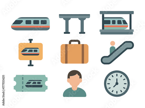 Public transport icons: train, ticket, luggage, escalator, clock