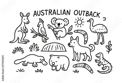Australian outback animals: kangaroo, koala, emu, platypus, wombat, dingo, and parrot