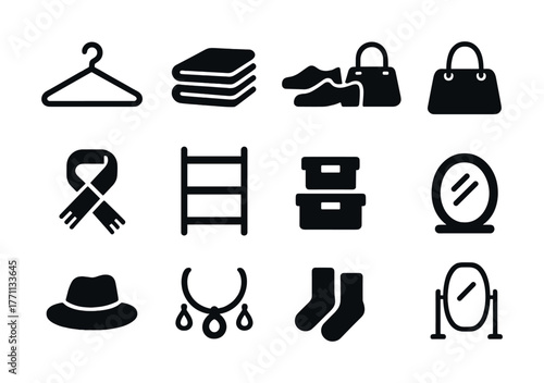 Fashion and storage icons: clothes, bags, accessories, and mirrors