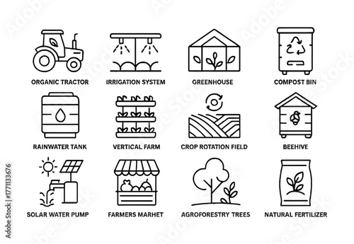Agriculture icons: tractor, irrigation, greenhouse, compost, beekeeping, vertical farming