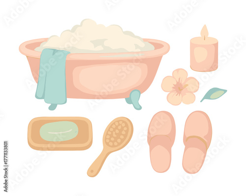 Cozy bath essentials with bathtub, candle, soap, slippers, and flower illustration