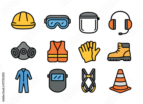 Essential safety gear icons: helmet, goggles, gloves, boots, and more