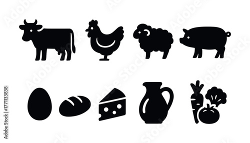 Farm animals and food icons: cow, chicken, sheep, pig, eggs, bread, cheese, milk, vegetables
