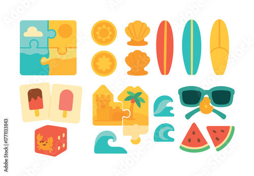 Colorful summer icons set: puzzles, shells, surfboards, ice cream, sandcastle, watermelon