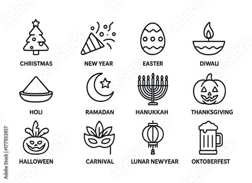 Festive icon set featuring global holidays: christmas, new year, and more