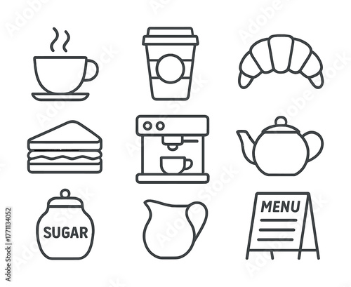 Outline icons of coffee, pastries, tea, and cafeteria menu