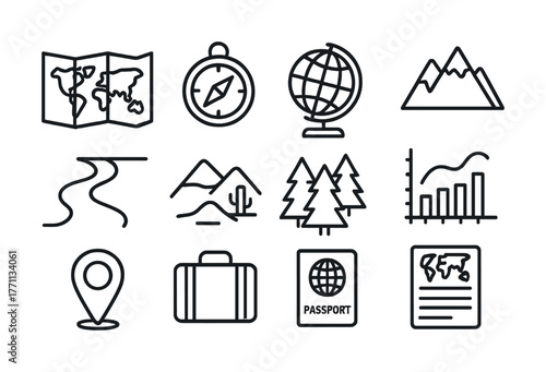 Travel icons: maps, compass, globe, mountains, and more for adventure planning