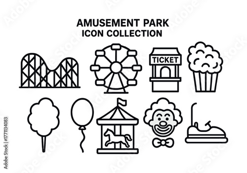 Amusement park icon collection featuring rides and snacks