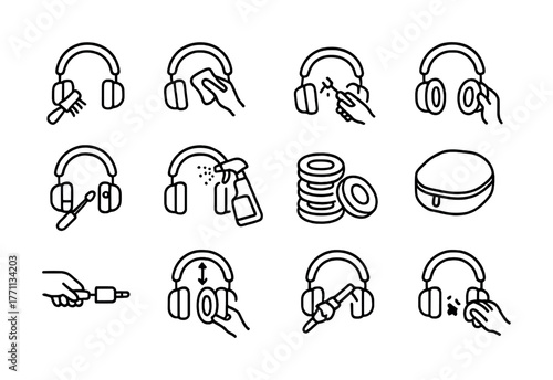 Headphones cleaning icons: care, maintenance, storage guide