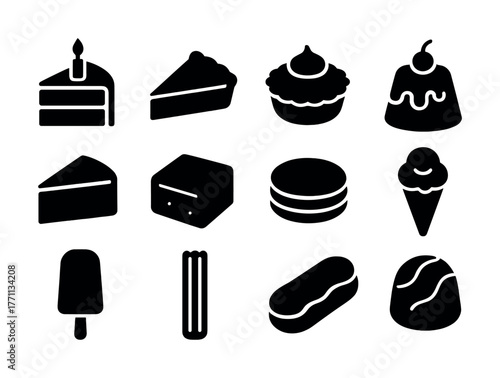 Silhouette icons of assorted desserts including cake, pie, and ice cream