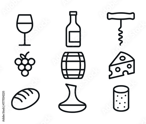Wine and cheese party icons featuring glass, bottle, cork, grapes, bread, and barrel